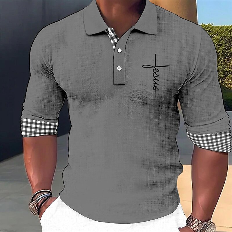 Men's Polo Shirt Golf Shirt Plaid / Check Graphic Prints Cross Turndown Outdoor Street Long Sleeve Print Fashion Soft Top