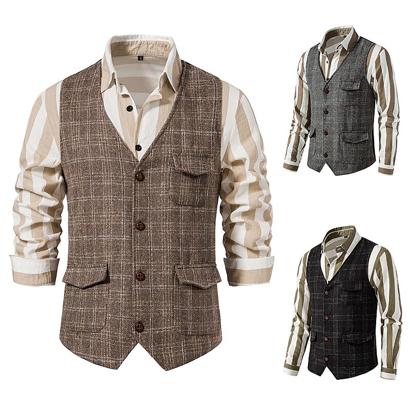 Men's Vest Waistcoat Comfortable Daily Wear Vacation Going out Single Breasted Lapel Vintage Basic Jacket Outerwear Plaid Button 