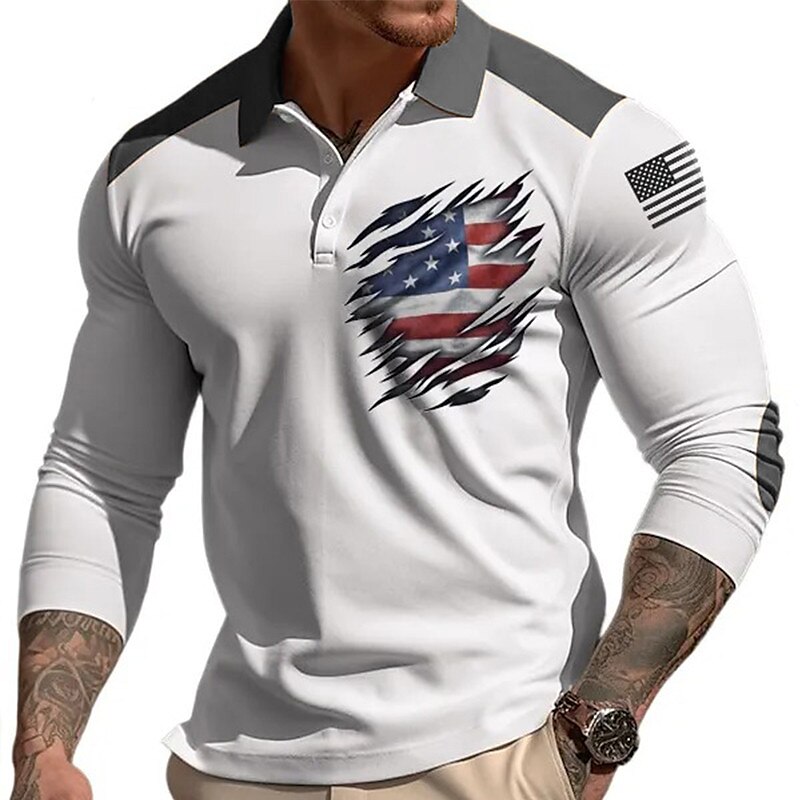 Men's Polo Shirt Golf Shirt Graphic Prints American Flag Turndown Outdoor Street Long Sleeve Print Soft Top