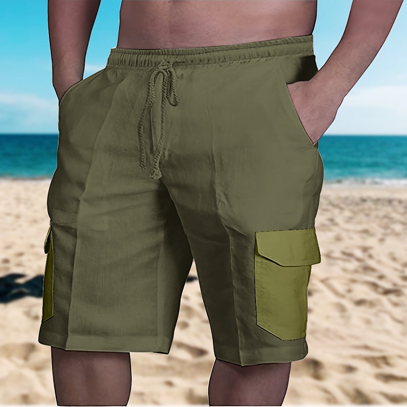 Men's Shorts Linen Shorts Summer Shorts Beach Shorts Drawstring Elastic Waist Multi Pocket Color Block Comfort Breathable Short Casual Daily Holiday Linen / Cotton Blend Fashion Classic Style Black