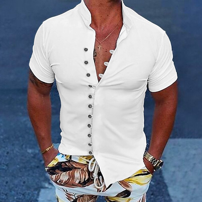 Men's Button Up Casual Summer Beach Shirt Short Sleeve Plain Stand Collar Daily Vacation Fashion Comfortable Shirt 