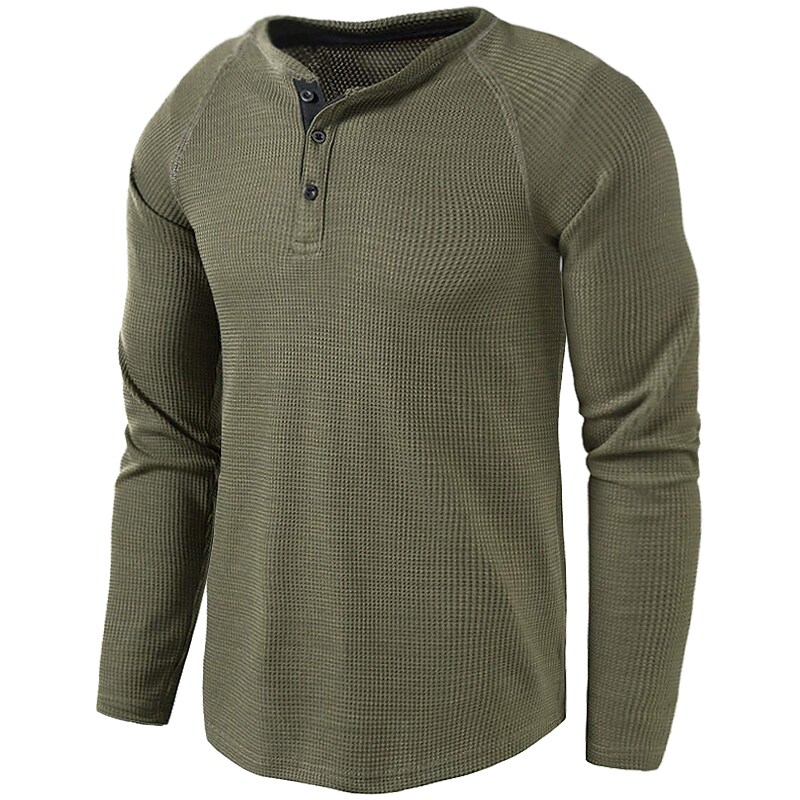 Men's Casual Solid Color Long Sleeve Round Neck Button Henley Shirt