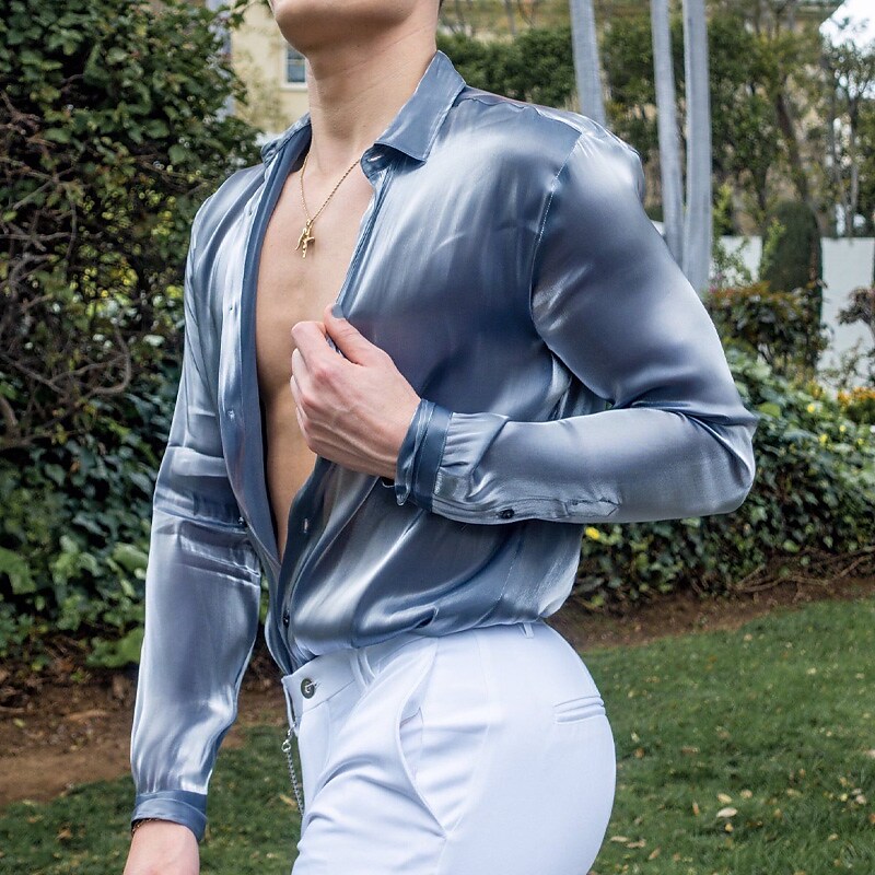 Men's Button Up Satin Silk Shirt Casual Shirt Long Sleeve Plain Fashion Casual Comfortable