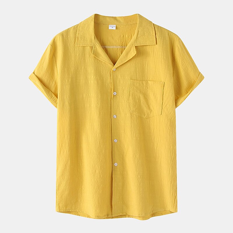 Men's Linen Shirt Summer Shirt Casual Shirt Cuban Collar Shirt Black White Yellow Short Sleeve Plain Lapel Spring & Summer Hawaiian Holiday Clothing Apparel Pocket