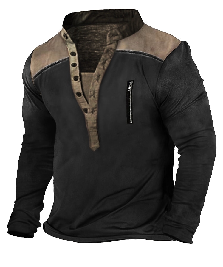 Men's T shirt Tee Color Block Stand Collar Black Khaki Casual Daily Long Sleeve Color Block Clothing Apparel Cool Casual