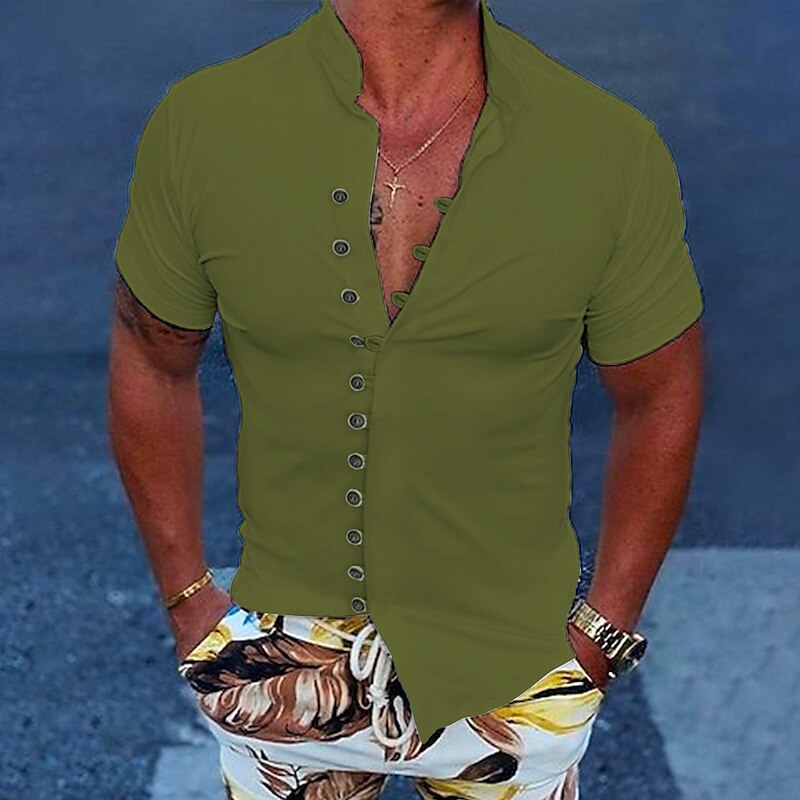 Men's Button Up Casual Summer Beach Shirt Short Sleeve Plain Stand Collar Daily Vacation Fashion Comfortable Shirt 