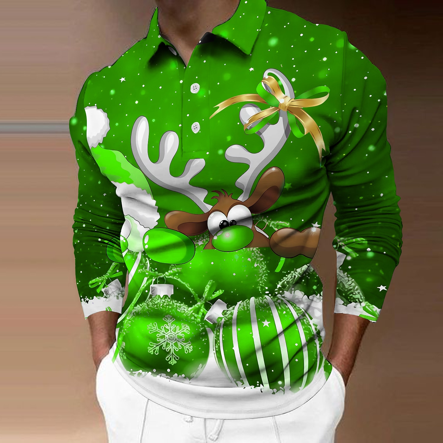 Men's Street 3D Christmas Print Turndown Long Sleeve Polo Shirt