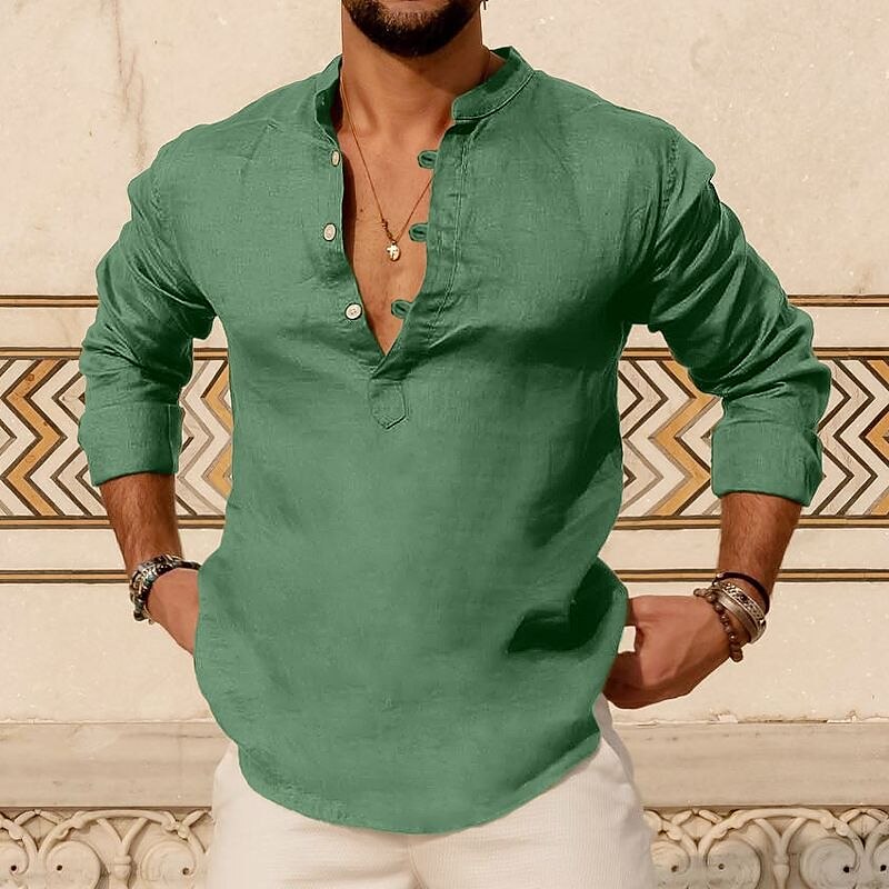 Men's Linen Outdoor Beach Casual Fashion Vacation Breathable Comfortable Light Plain Long Sleeve Henley Shirt