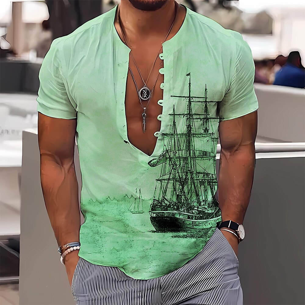 Men's Shirt Graphic Prints Vintage Sailboat Stand Collar Outdoor Street Short Sleeves Print Casual Comfortable Top