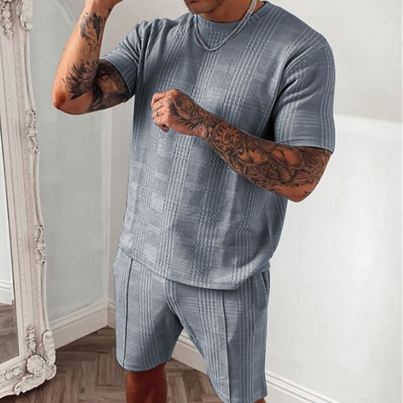 Men's Solid Color Crew Neck Shirt Loose Elastic Shorts Casual Set