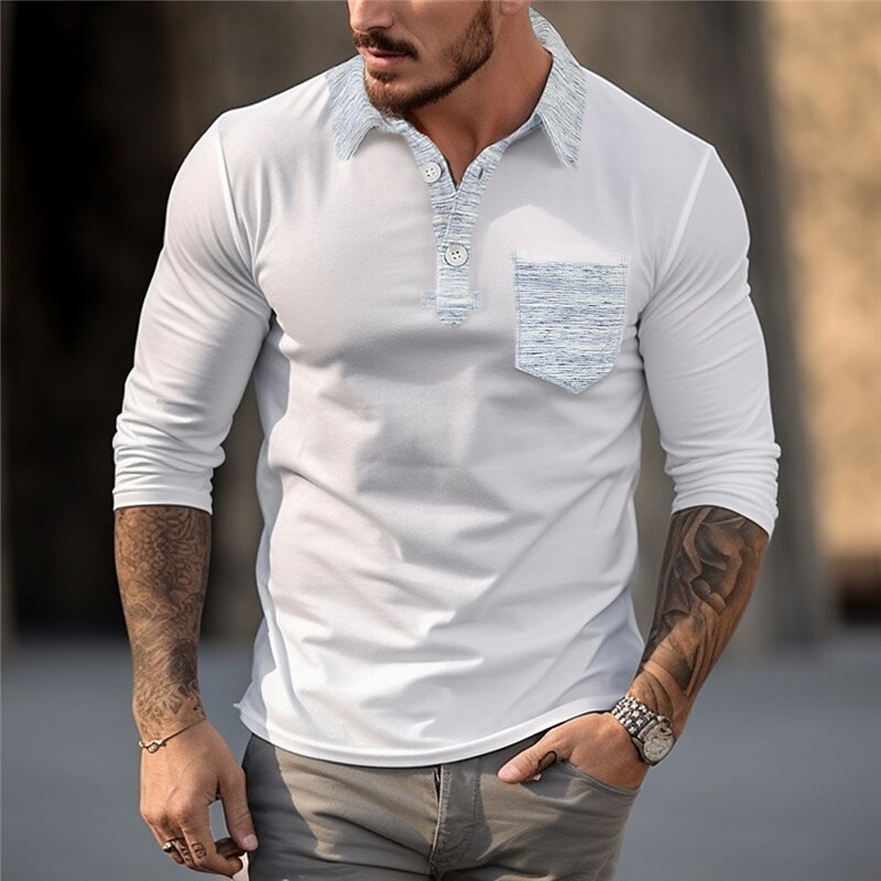 Men's  Polos Shirt Casual Sports Lapel Long Sleeve Fashion Basic Color Block Patchwork Button Up Polo Shirt