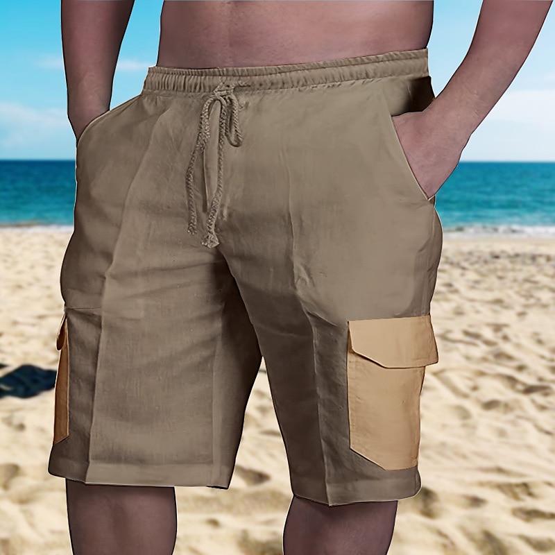 Men's Shorts Linen Shorts Summer Shorts Beach Shorts Drawstring Elastic Waist Multi Pocket Color Block Comfort Breathable Short Casual Daily Holiday Linen / Cotton Blend Fashion Classic Style Black
