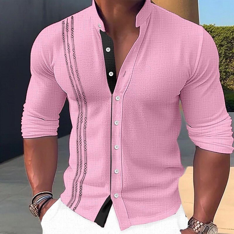 Men's Linen Shirt Button Up Shirt Summer Beach Shirt Black White Pink Long Sleeve Embroidery Standing Collar Spring Shirt 