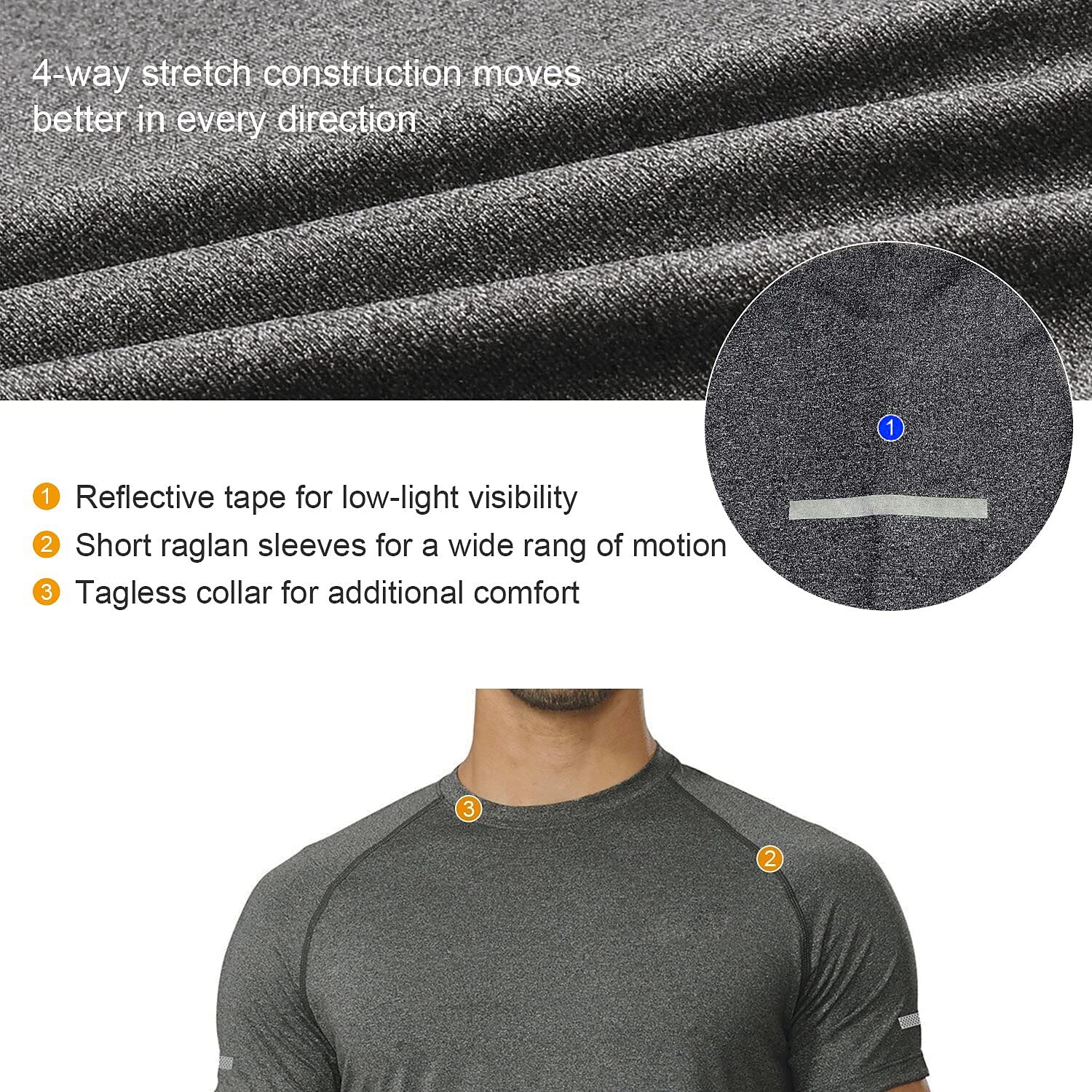 Arsuxeo Men's Workout Shirt Running Shirt Reflective Strip Short Sleeve Tee Tshirt Athletic Casual Breathable Soft Sweat wicking Fitness Gym Workout Tennis Sportswear Activewear Dark Grey Cobalt Blue