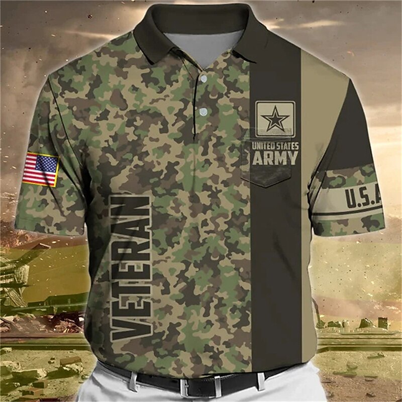 Men's Button Up Polo Shirt  Graphic Prints Camo / Camouflage Veterans Turndown Outdoor Street Short Sleeves Print Sports Golf Shirt