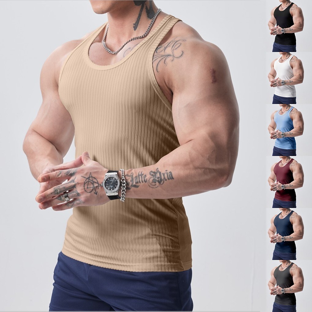 Men's Running Gym Ribbed Sleeveless Vest / Gilet Athletic Breathable Moisture Wicking Soft Fitness Workout Sportswear Solid Colored  Tank Top