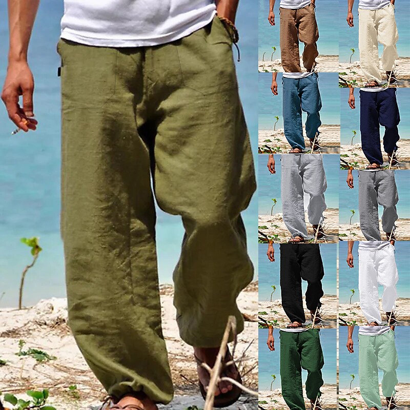 Men's Wide Leg Solid Color Comfy Breathable Casual High Waist Linen Pa