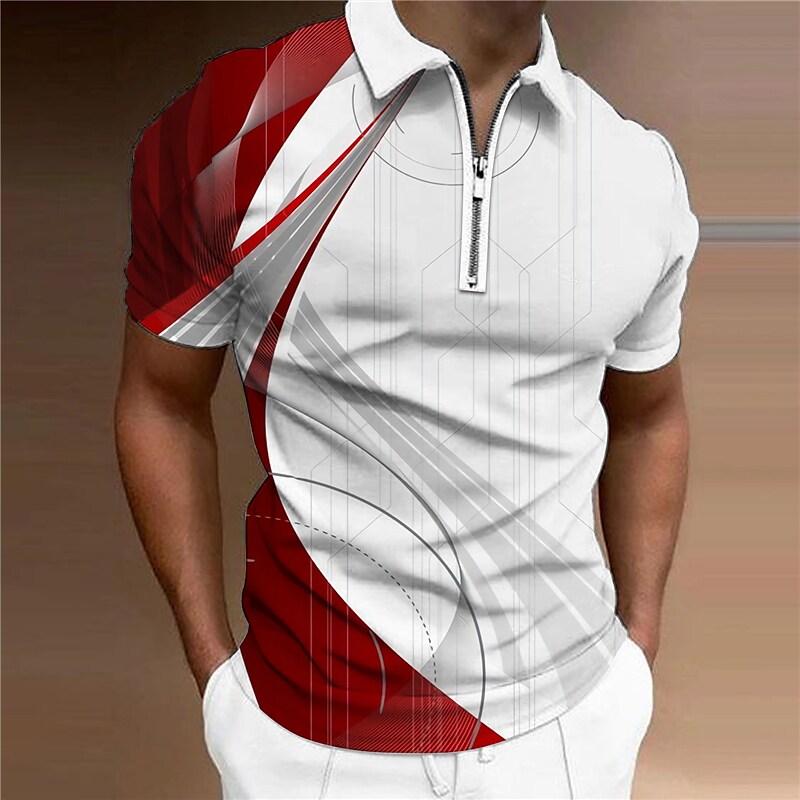 Men's Collar Polo Shirt Golf Shirt Linear Turndown 3D Print Casual Daily Short Sleeve Zipper Print Fashion Casual Breathable / Sports
