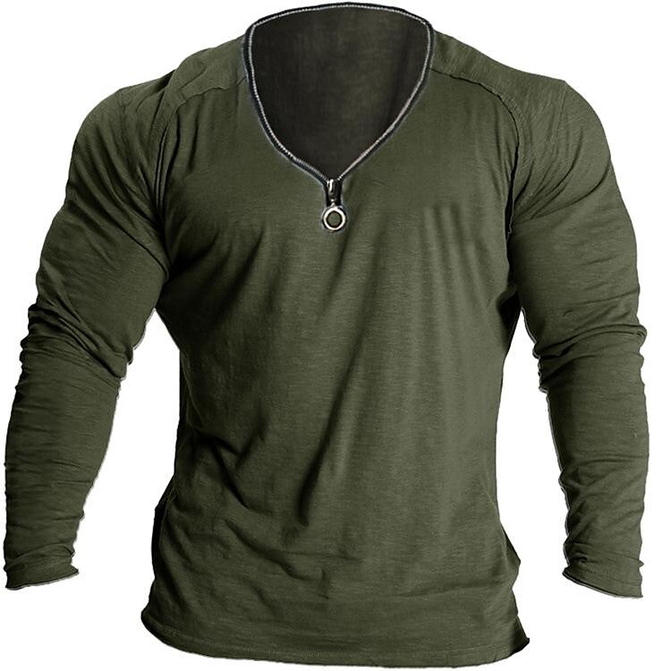 Men's Muscle Solid Color V-neck Zipper Long-sleeved T-shirt