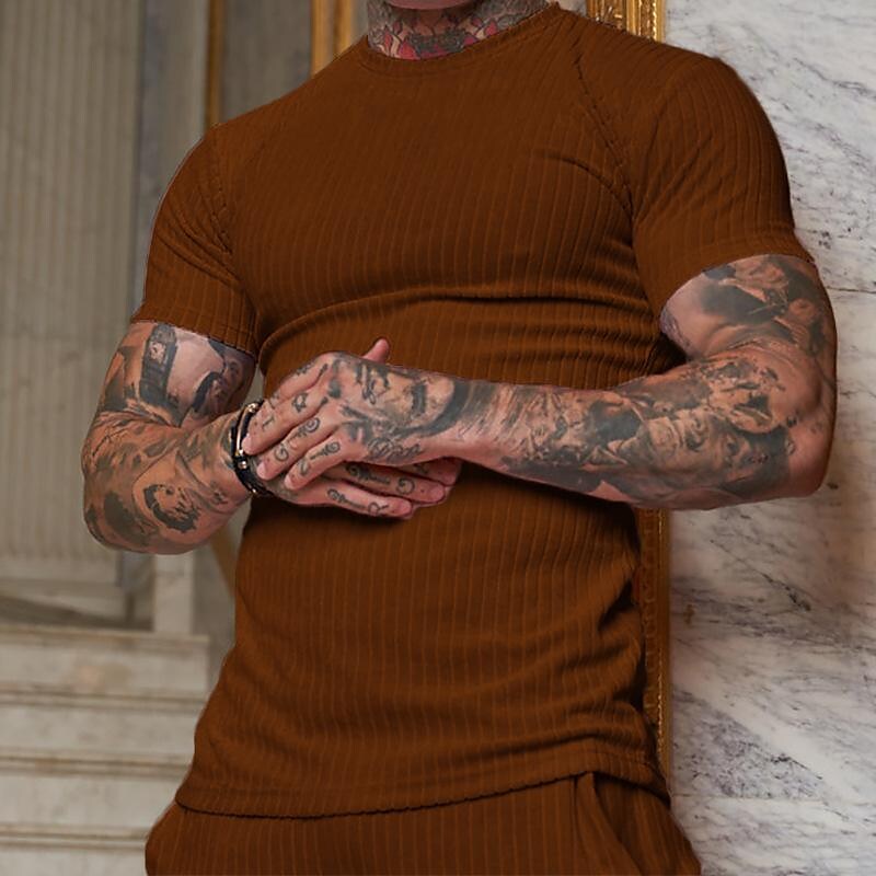 Men's Summer Sports Fitness Leisure  Elastic Vertical Strip Round Neck Short-sleeved T-shirt