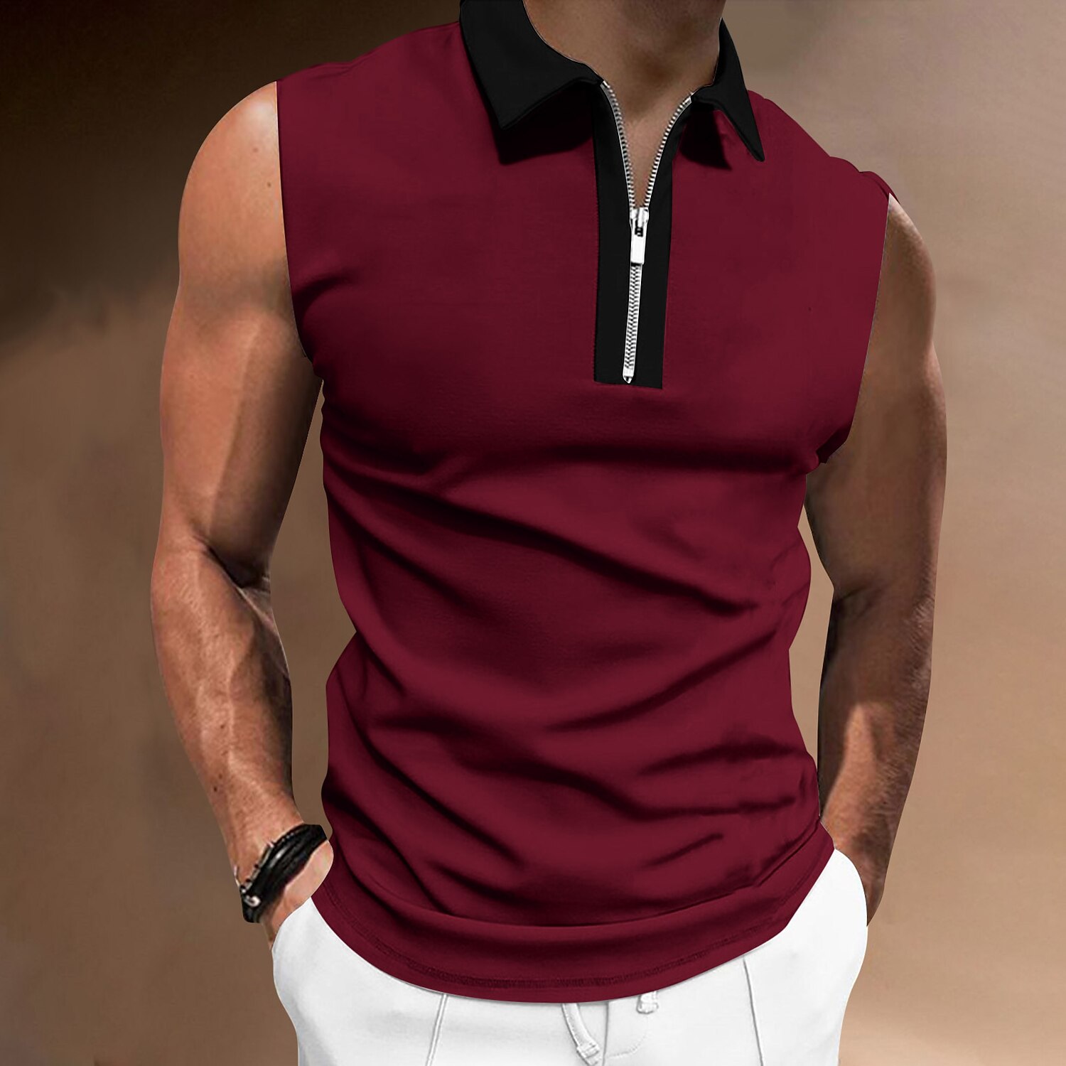 Men's Polo Shirt Golf Shirt Casual Holiday Lapel Quarter Zip Sleeveless Fashion Basic Plain Quarter Zip Summer Polo Shirt