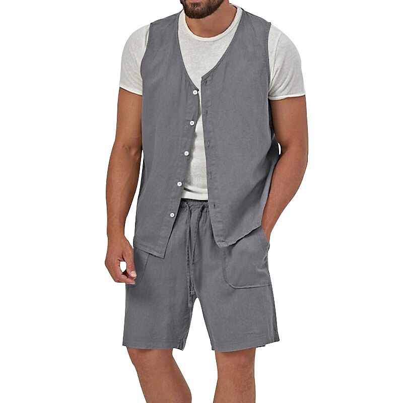 Men's 2 Piece Casual Beach Shirt Sleeveless Plain V Neck Street Vacation Shirt 