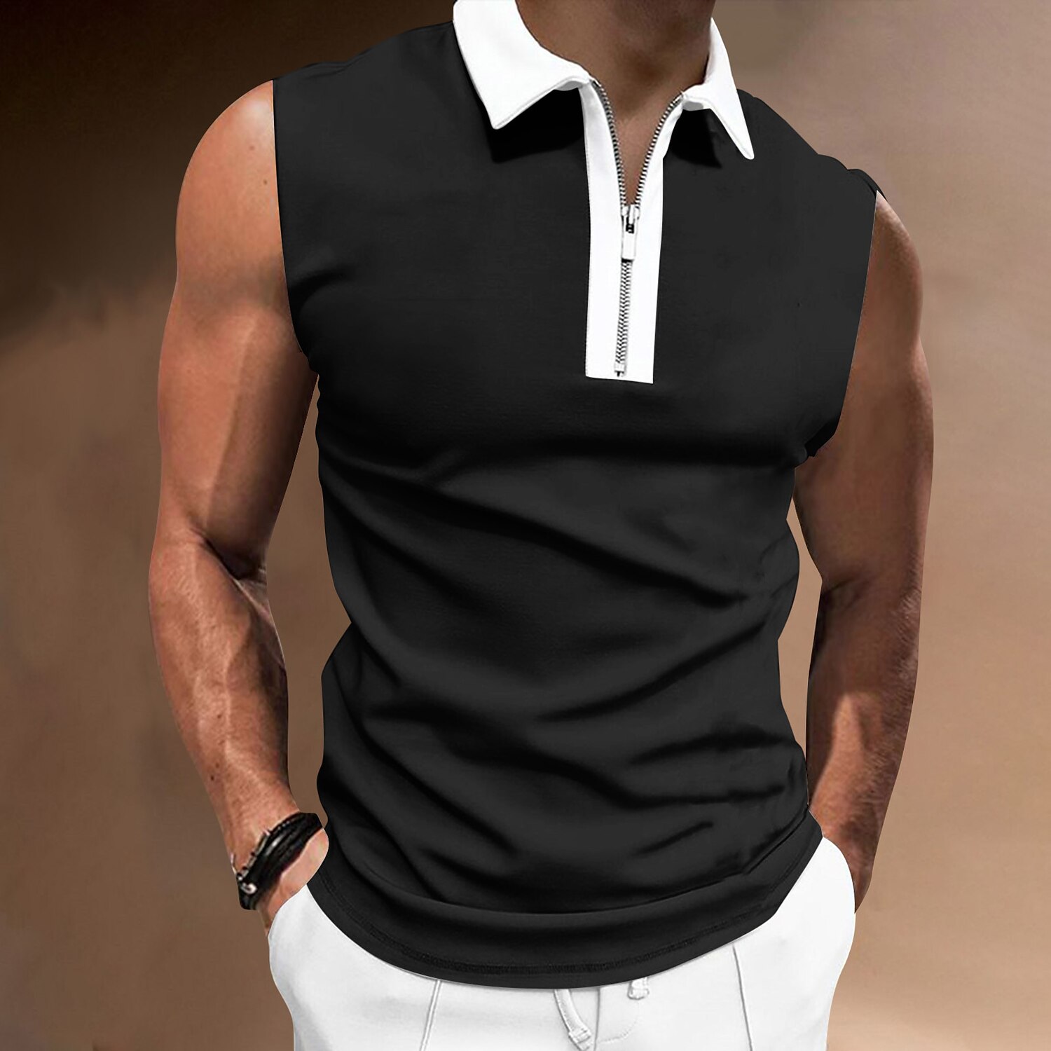 Men's Polo Shirt Golf Shirt Casual Holiday Lapel Quarter Zip Sleeveless Fashion Basic Plain Quarter Zip Summer Polo Shirt