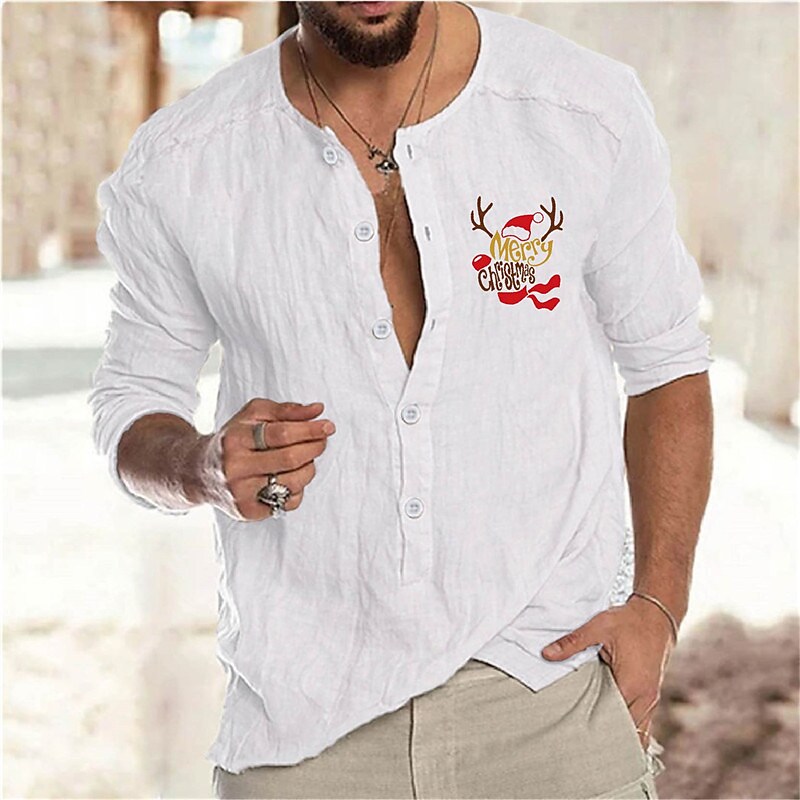 Men's Solid Color Christmas Print Collar Outdoor Long Sleeve Shirt