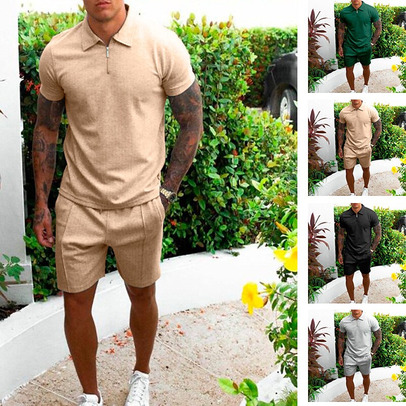 Men's Casual Lapel Short Sleeve Shirt Pocket Short Tracksuit