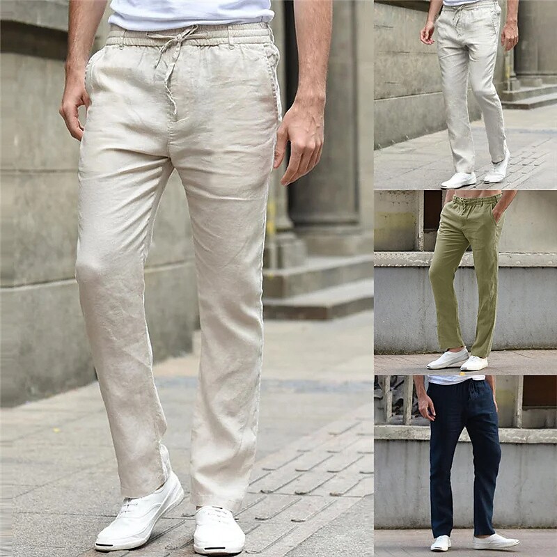 Men's Linen Pants Drawstring Elastic Waist Straight Leg Plain Comfort