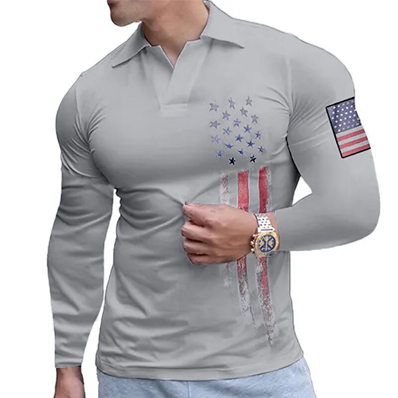 Men's Golf Shirt Polo Sports Fitness V Neck Classic Long Sleeve National Flag Muscle Flag Fashion Print Golf Shirt