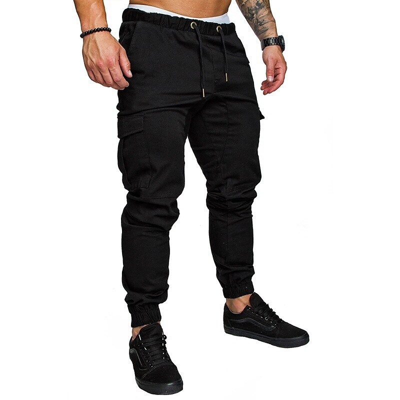 Men's Cotton Solid Color Elastic Waist Full Length Pocket Sweatpants