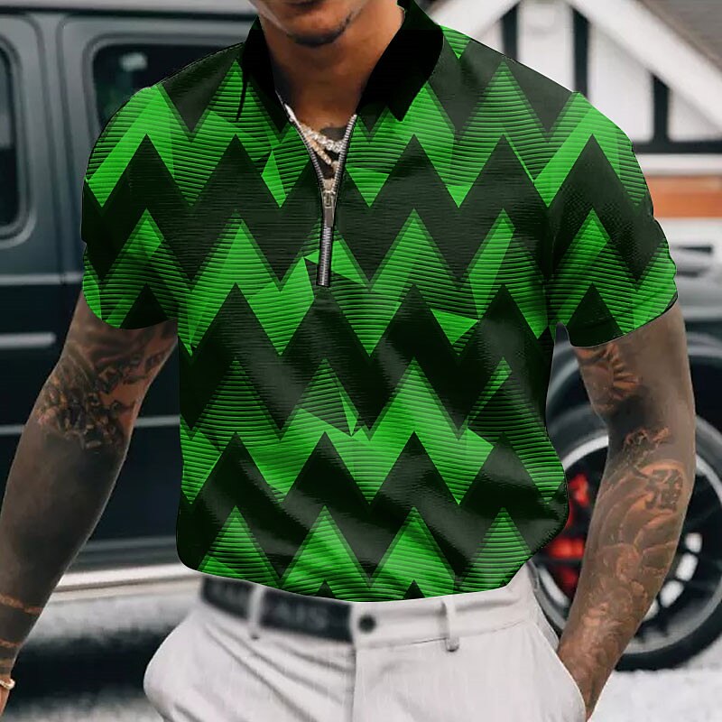 Men's Zip Polo Lapel Polo Polo Shirt  Graphic Prints Geometry Turndown Outdoor Street Short Sleeves Zipper Print Casual Golf Shirt
