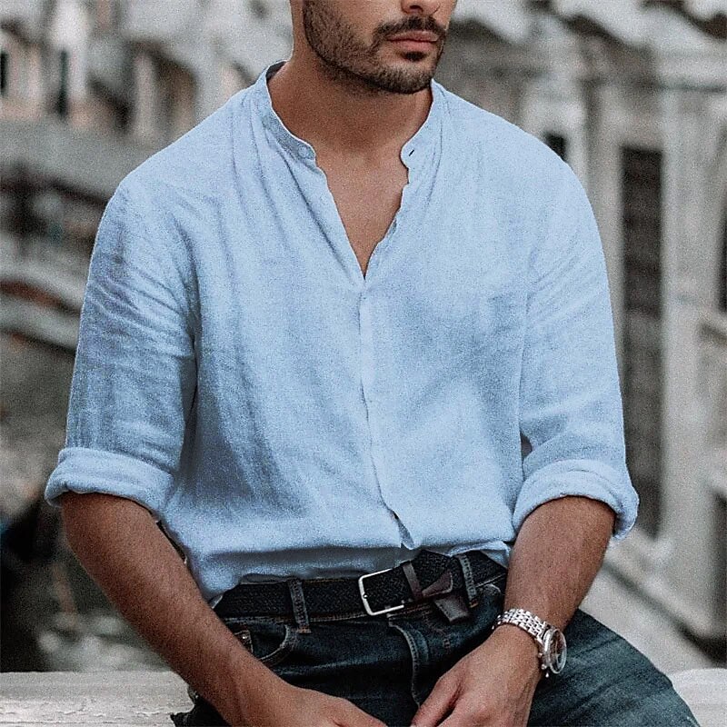 Men's Shirt Linen Shirt Casual Shirt Summer Shirt Beach Shirt Long Sleeve Plain Crew Neck Hawaiian Holiday Top