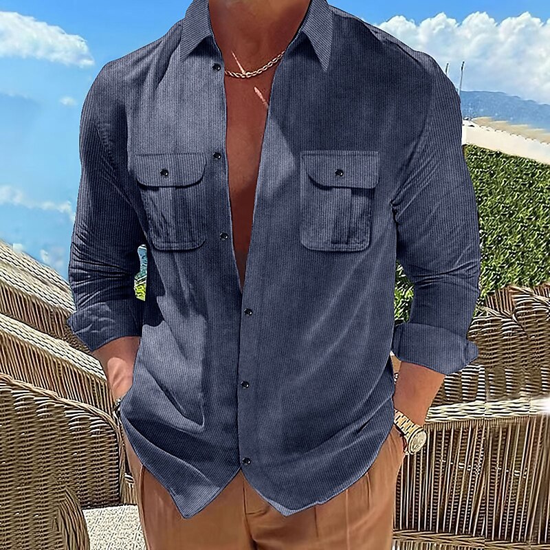 Men's Shirt Jacket Shacket Overshirt Wine Blue Brown Long Sleeve Plain Lapel Outdoor Daily Pocket Shirt 