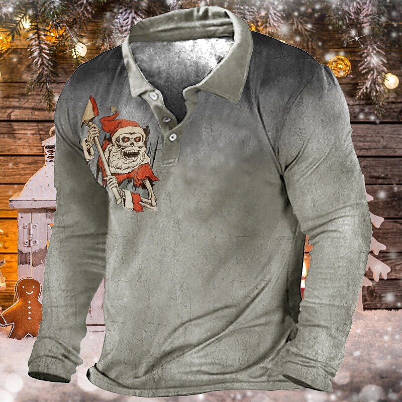 Men's Christmas Print Long Sleeve Button-Down Casual Sweatshirt