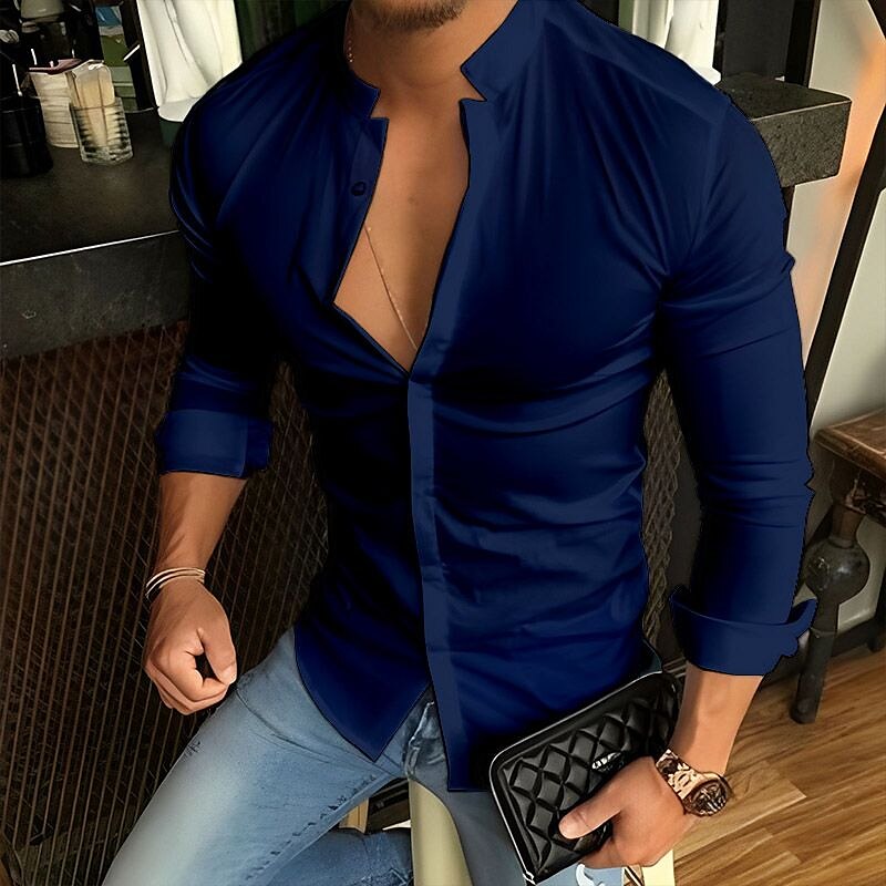 Men's Button Up Summer Casual Shirt Long Sleeve Plain Band Collar Fashion Comfortable Top