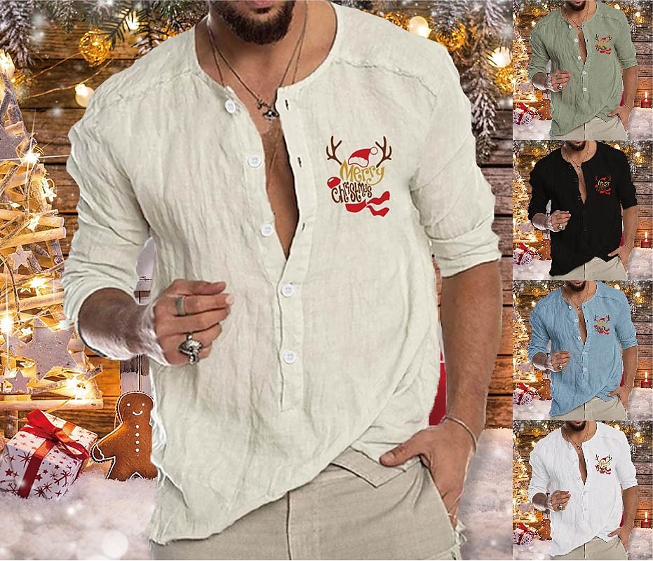 Men's Solid Color Christmas Print Collar Outdoor Long Sleeve Shirt
