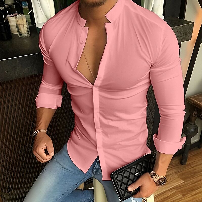 Men's Button Up Summer Casual Shirt Long Sleeve Plain Band Collar Fashion Comfortable Top