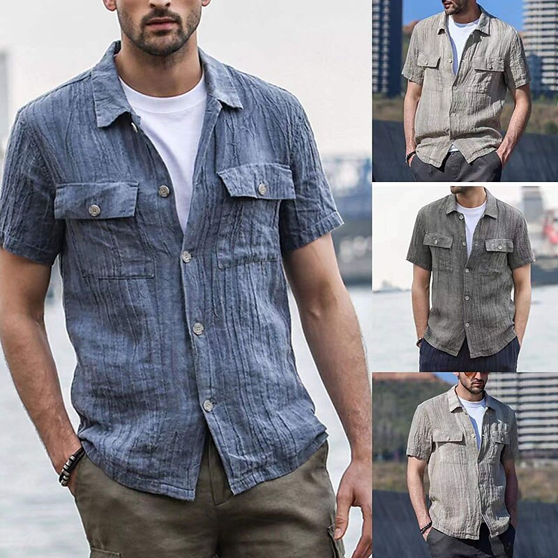 Men's Linen Summer Beach Shirt  Short Sleeve Plain Lapel Spring & Summer Hawaiian Holiday Shirt 