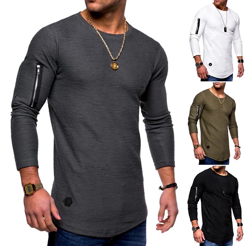Men's T shirt Tee Long Sleeve Shirt Plain Crew Neck Plus Size Casual Long Sleeve Zipper Clothing Apparel Cotton Muscle Top
