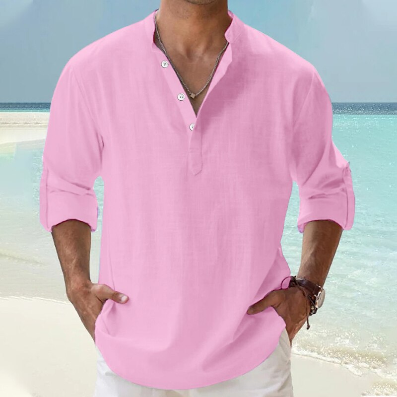 Men's Linen Shirt Popover Shirt Casual Shirt Beach Shirt Black White Pink Long Sleeve Plain Henley Hawaiian Top