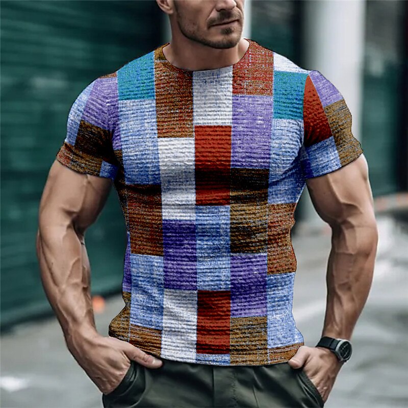 Men's Waffle T Shirt Graphic Plaid Color Block Crew Neck Print Outdoor Short Sleeve Casual Top