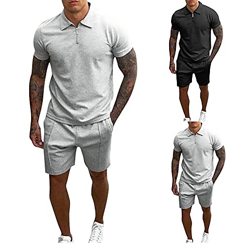 Men's Casual Lapel Short Sleeve Shirt Pocket Short Tracksuit