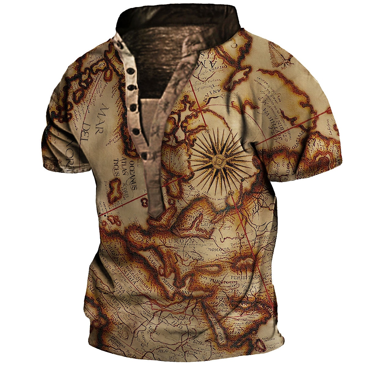 Men's Henley Shirt T shirt Graphic Map Henley Print Plus Size Outdoor Daily Short Sleeve Button-Down Basic Casual Tee