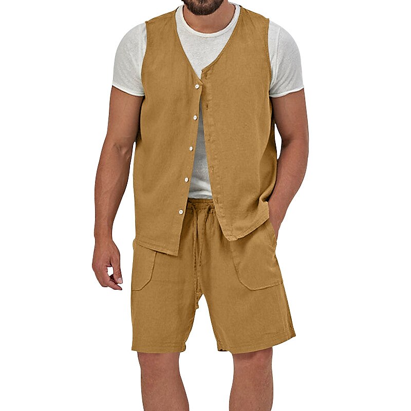 Men's 2 Piece Casual Beach Shirt Sleeveless Plain V Neck Street Vacation Shirt 
