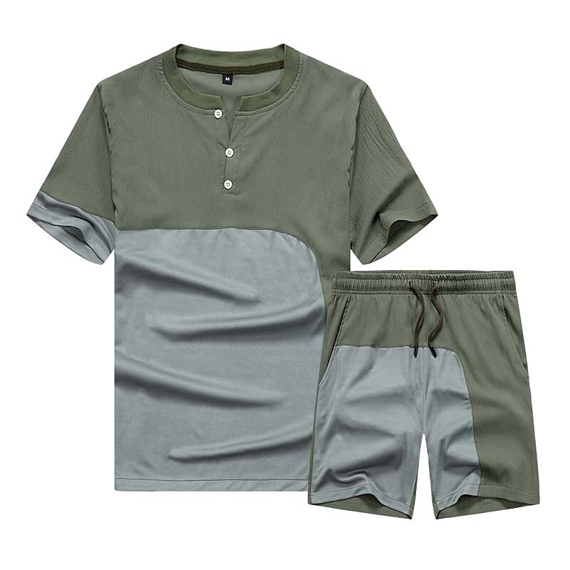 Men's Outdoor Patchwork Button Shirt Elastic Waist Shorts Set