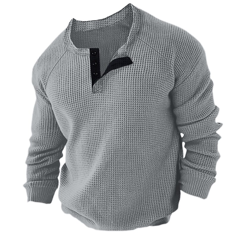 Men's Waffle Henley Shirt Long Sleeve Shirt Plain Henley Long Sleeve Button-Down  Streetwear Casual Henley Shirt