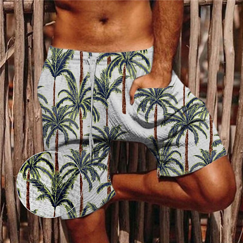 Men's Summer Beach Seersucker Shorts Pocket Drawstring Elastic Waist G