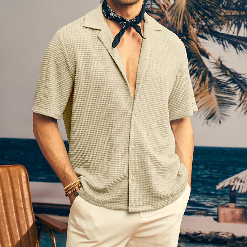 Men's Button Up Casual Shirt Waffle Henley Shirt Short Sleeve Plain Collar Daily Vacation Casual Comfortable Shirt 